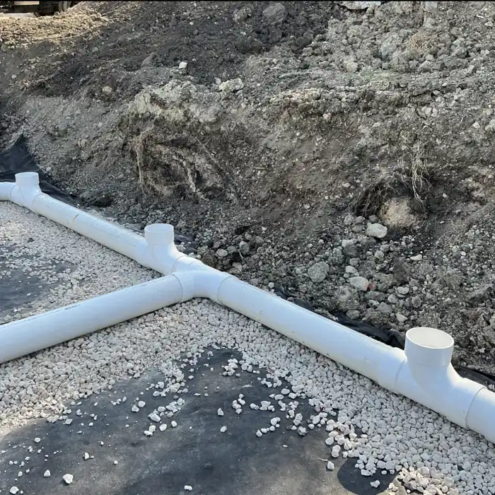 PVC drainage pipes with cleanout risers set on a gravel bed for a pond drainage connection