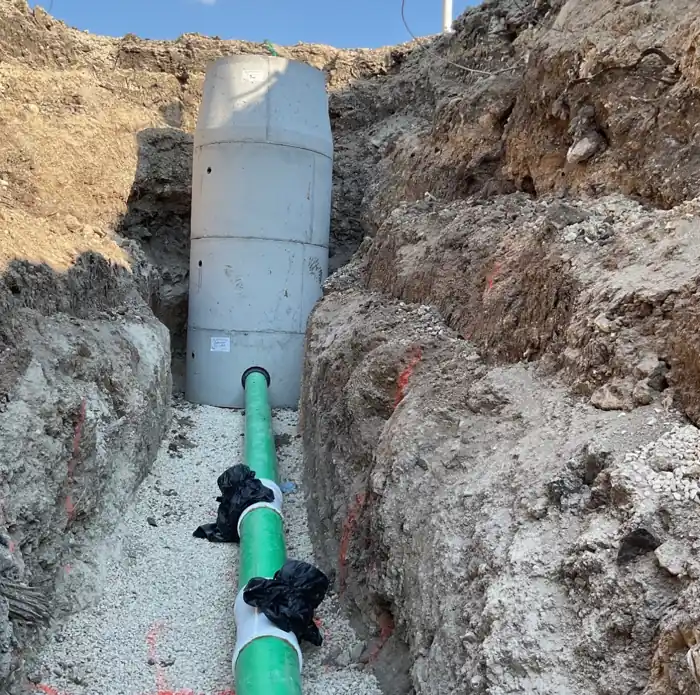 Precast concrete manhole set in a trench with a green sewer pipe connecting into it